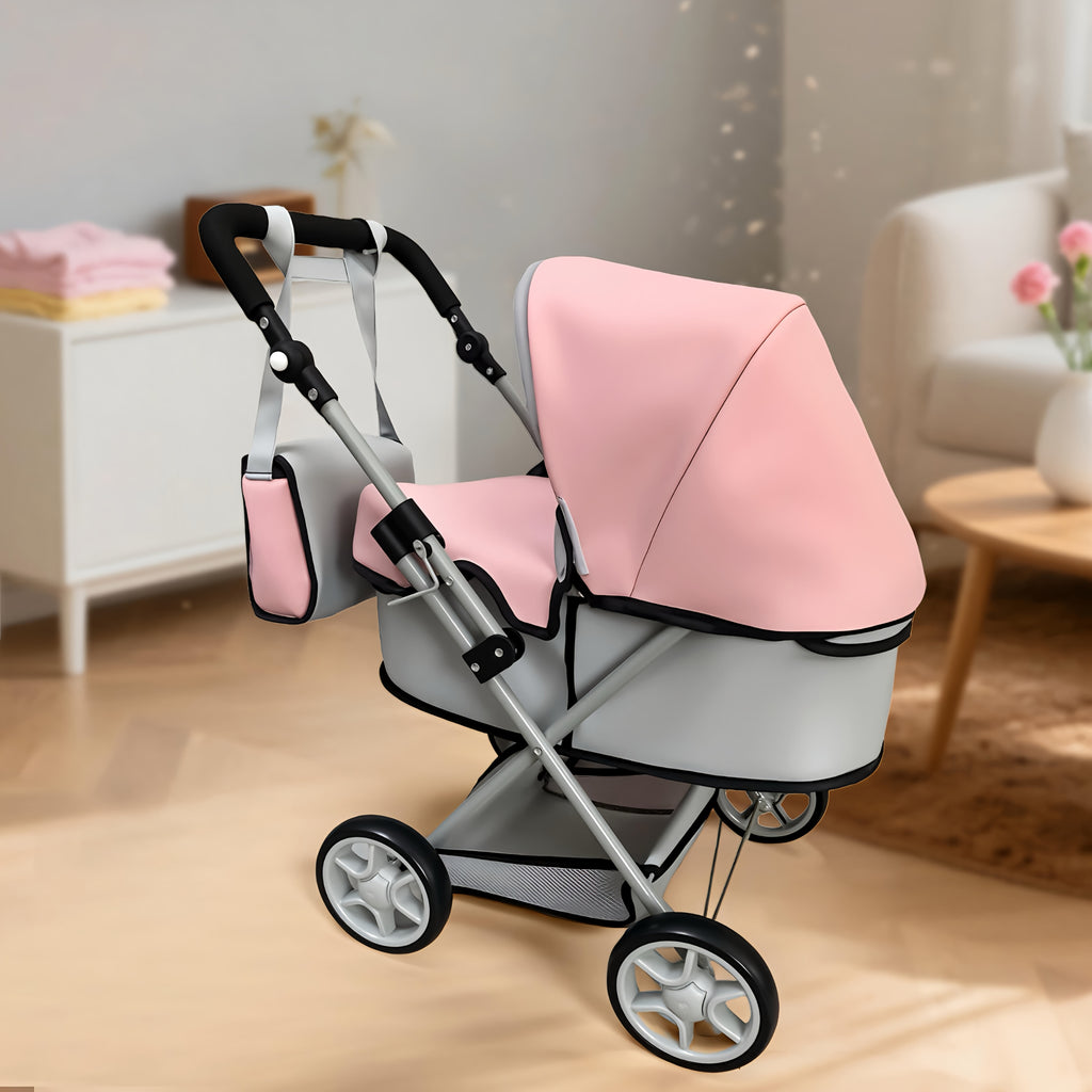 Foldable Doll Stroller for 16-20 Inch Dolls with Adjustable Handle Storage Basket & Shoulder Bag – Caregiver Role Play Toy Gift for Girls Gray Pink