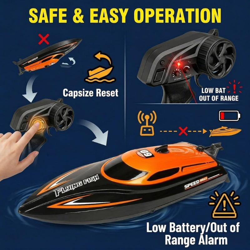 Remote Control Boat for Kids 25KM/H LED Night Light Effect Pool Lake Racing RC Hovercraft Toy One-Touch Speed Control Outdoor Water Toy Ages 6+