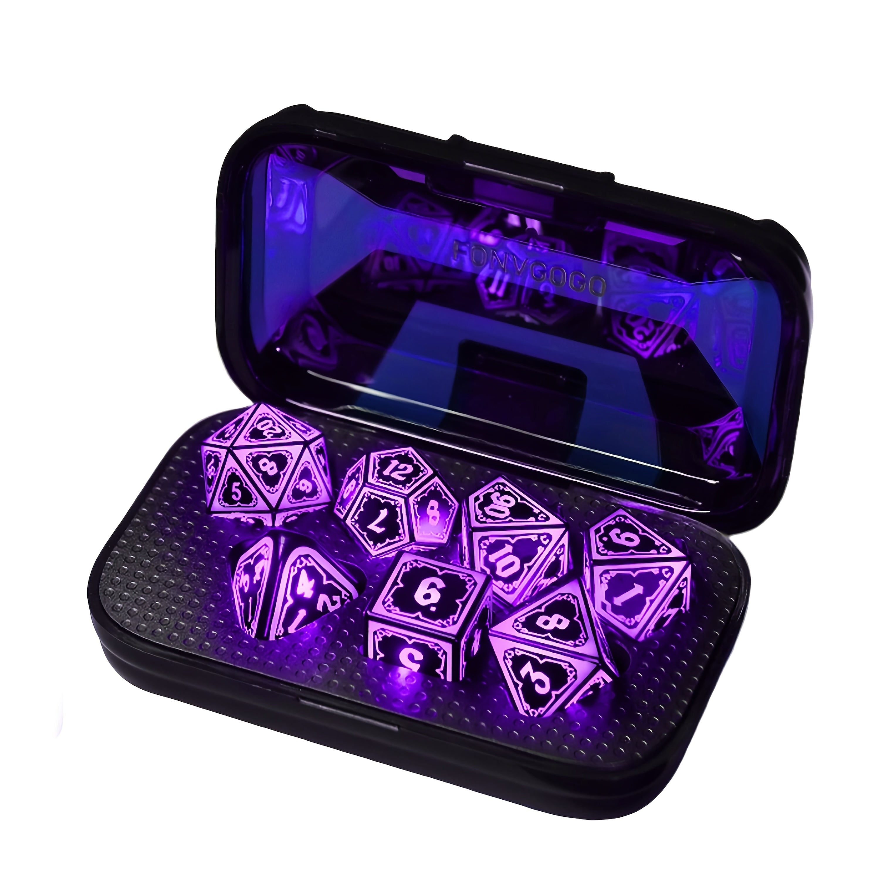 LED DND Dice Set with Wireless Rechargeable Charging Case 7 Polyhedral Glowing Dice – D4 D6 D8 D10 D12 D20 D100 for RPG Tabletop Games, Clear Numbers, 6Hr Battery, Christmas Halloween Gift