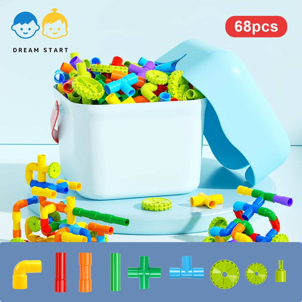 Pipe Building Blocks Set for Kids, Creative Water Pipe Tube Construction Toy with Storage Bucket for Boys Girls Ages 3+, STEM Open-Ended Imaginative Building Toy, Birthday Halloween Christmas Gift