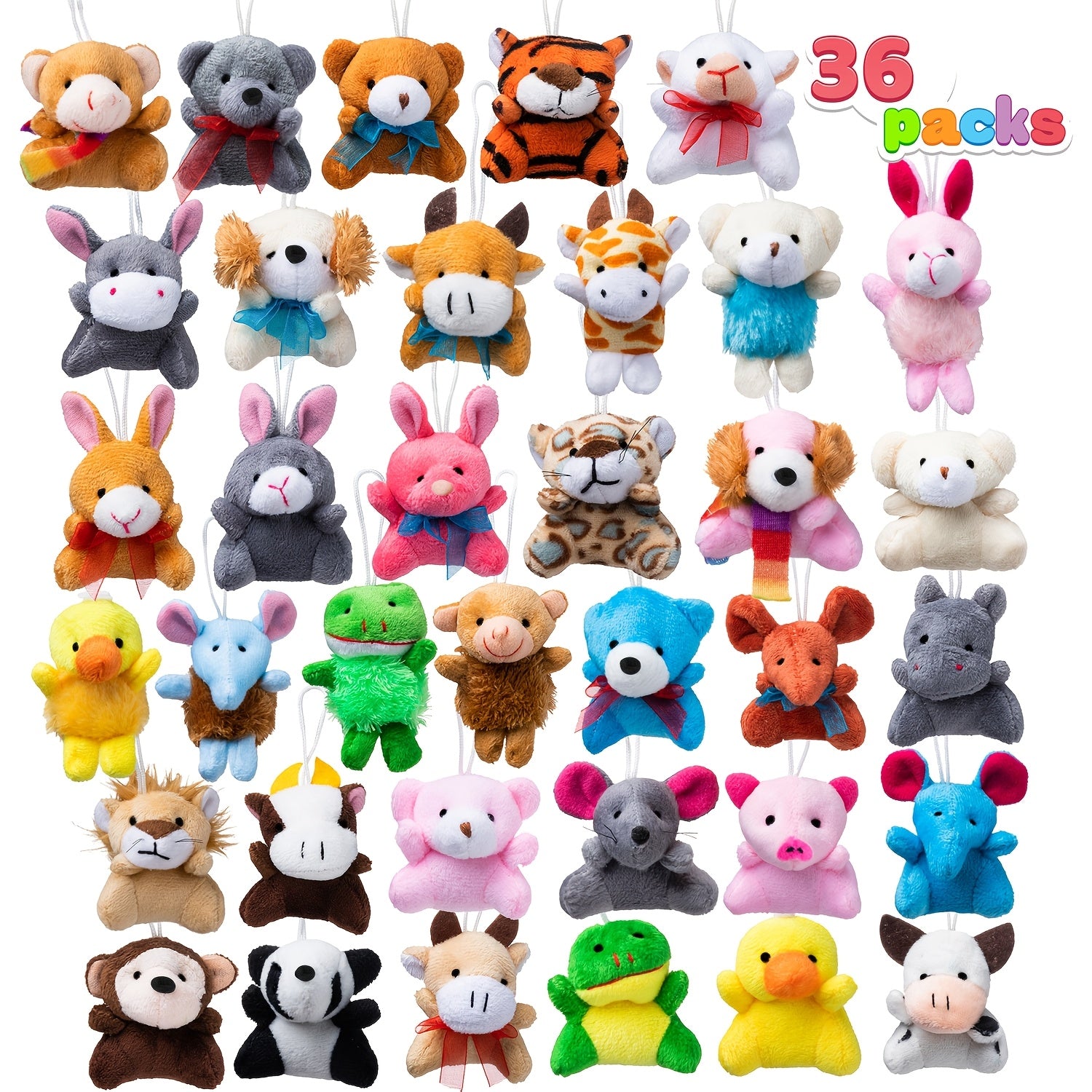 36 Pack Mini Animal Plush Toy Assortment 3 Inch – 36 Different Animals with Keychains, Bulk Party Favors, Carnival Prizes, Classroom Rewards, Pinata Fillers, Halloween Christmas Birthday Gift for Kids