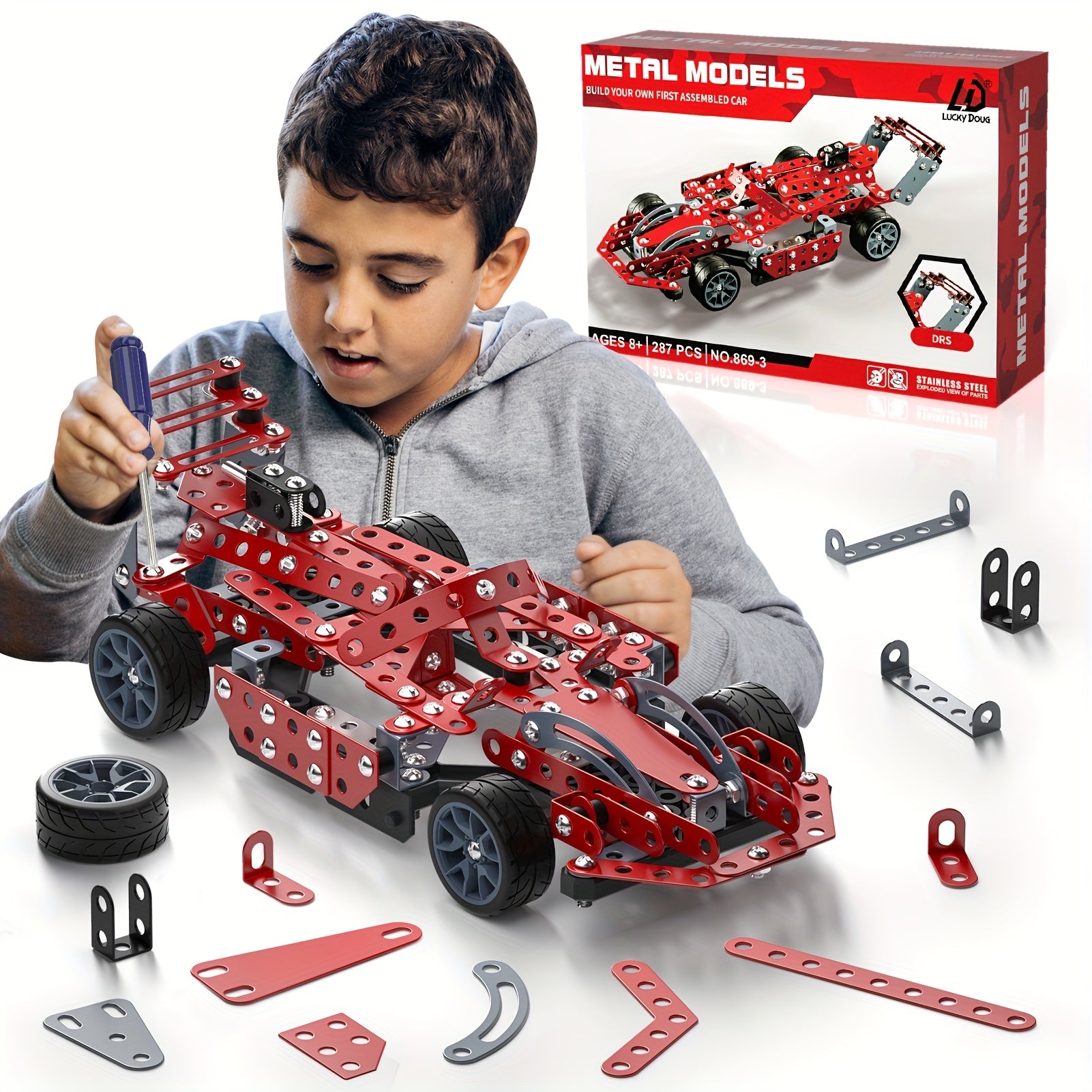 STEM Building Kit Model Car Set 287 Piece Motorized Vehicle for Kids – Assembly Toy with All-Terrain Tires & Openable Hood, Blue Airplane Red Car Green Truck, Birthday Christmas Gift Boys Ages 6+