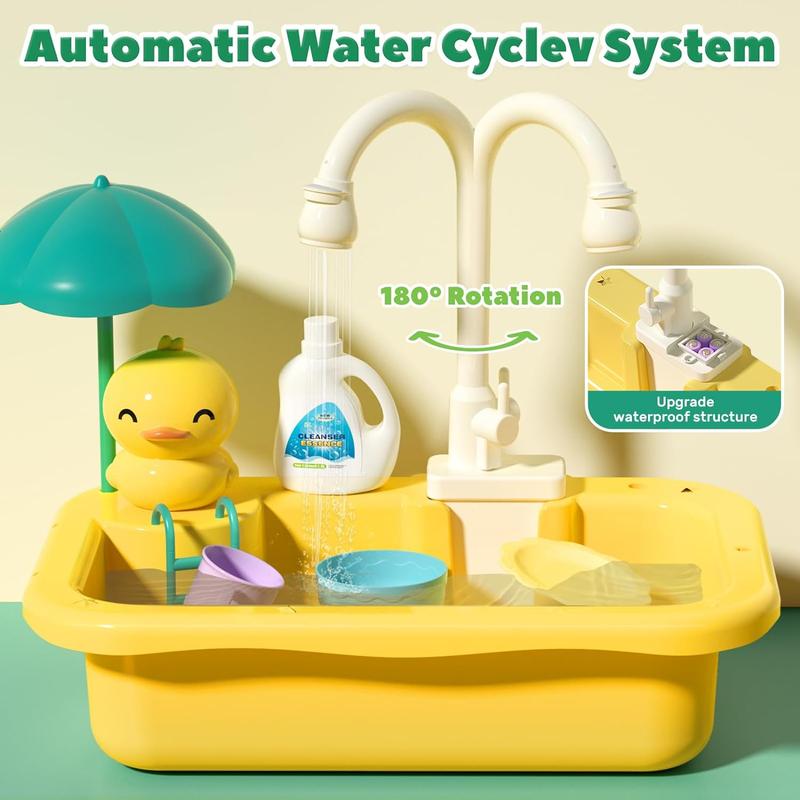 Play Kitchen Sink with Running Water, CUTE STONE 1.7L Kids Pretend Wash Station with Fishing Game, Toy Food, Dishes and Drain Rack