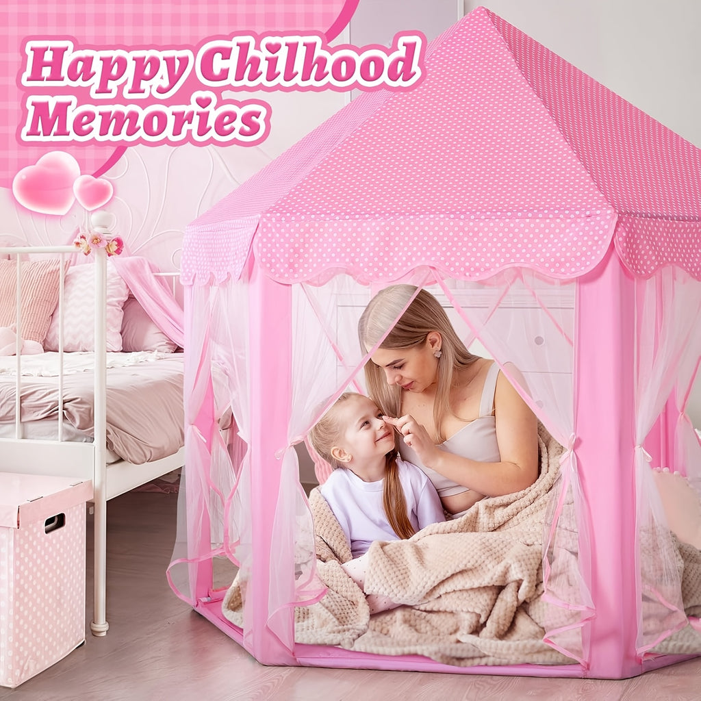 Pink Princess Hexagon Play Tent for Girls Ages 2+ - Indoor Dream Castle with Gauze Curtain, Kids Pretend Play Reading Corner Secret Base, Birthday Christmas Easter Gift for Girls