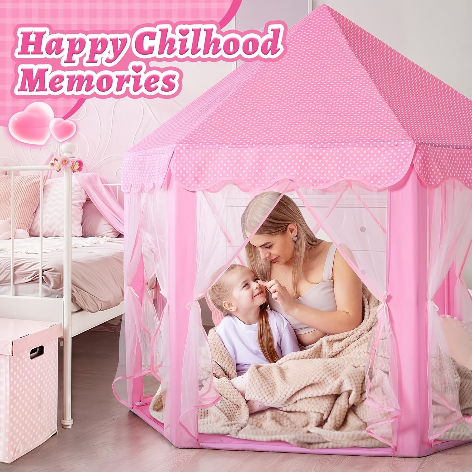 Pink Princess Hexagon Play Tent for Girls Ages 2+ - Indoor Dream Castle with Gauze Curtain, Kids Pretend Play Reading Corner Secret Base, Birthday Christmas Easter Gift for Girls