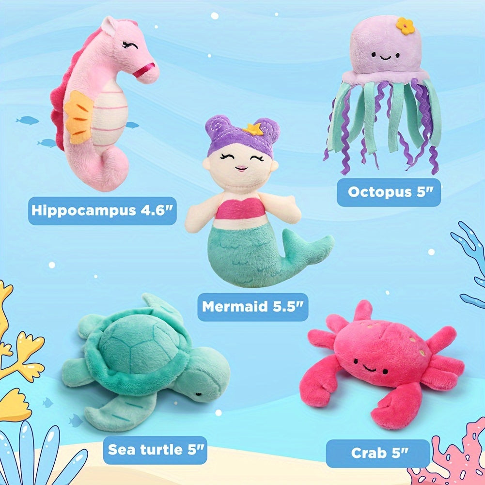 Ocean Stuffed Animal Set 5PCS – Sea Creature Plush Toys with Shell Carrying Bag, Mermaid Turtle Octopus Seahorse Crab Plushies for Kids, Birthday Christmas Gift for Girls Boys