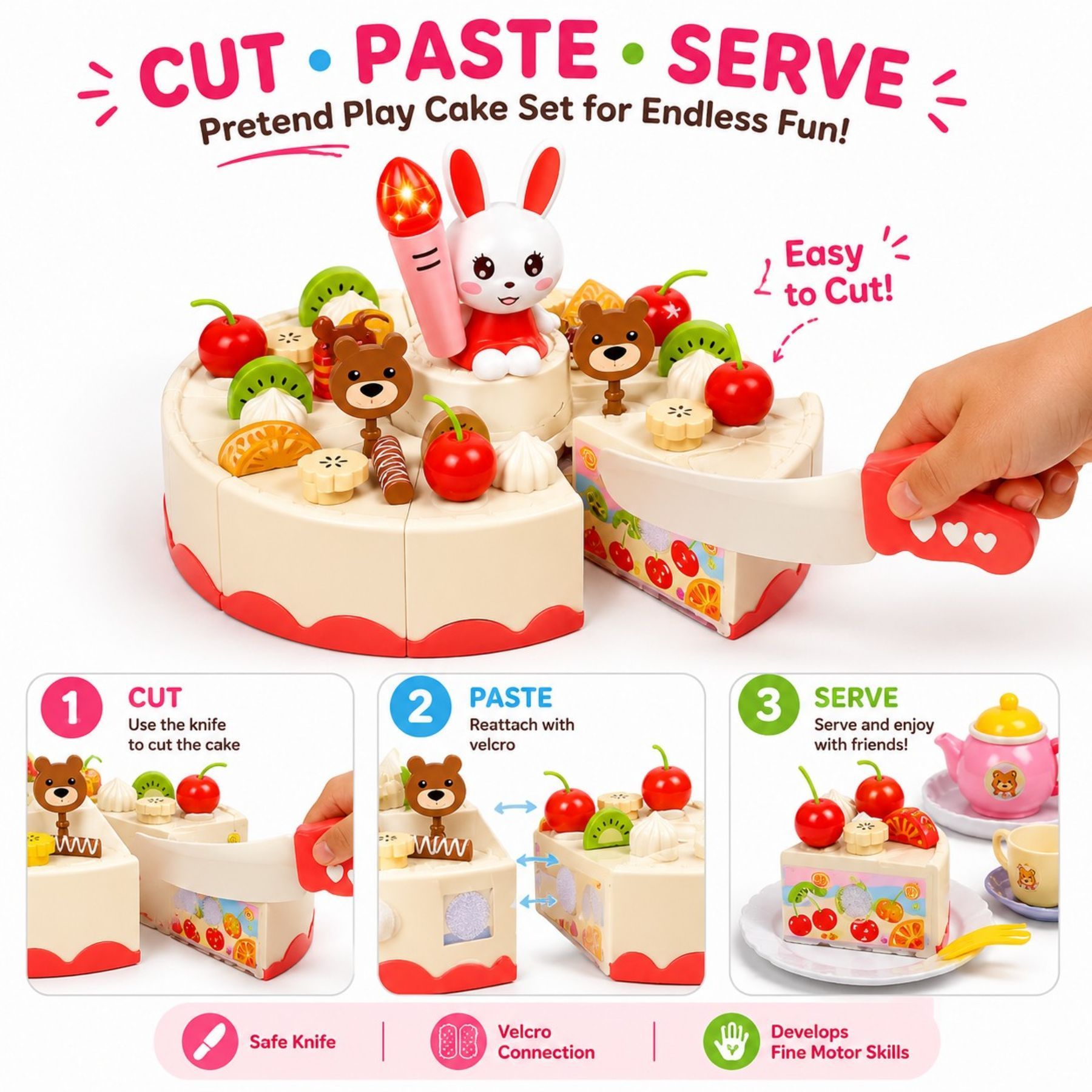 Birthday Cake Tea Party Play Food Toy Set Kids Pretend Play Cake Decorating Dessert Accessories 75-85pcs Girls Ages 3+