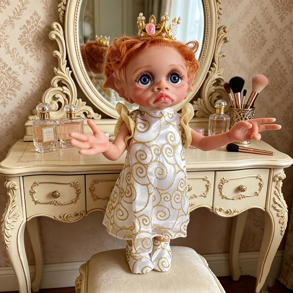 Fairy Elf Reborn Doll 15 Inch Fully Hand Painted Soft Vinyl – Poseable Bathable Rooted Hair Collectible Art Doll with Crown Halloween Christmas Easter Birthday Gift