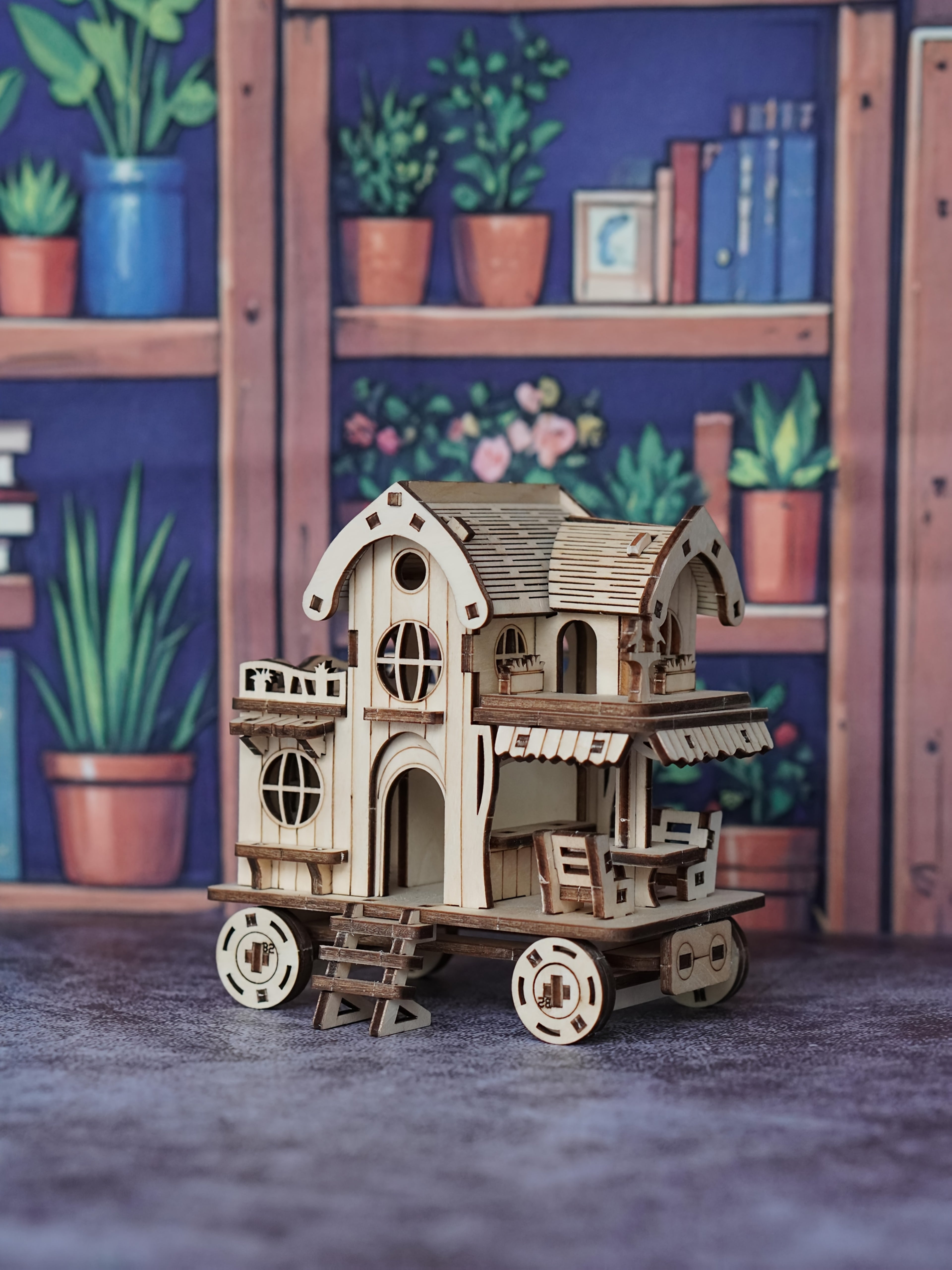 3D Wooden Puzzle Villa Model Kit, Mobile Café Bar on Wheels Handcrafted Wood Assembly Building Blocks, Creative DIY Brain Teaser Gift for Adults Teens & Kids