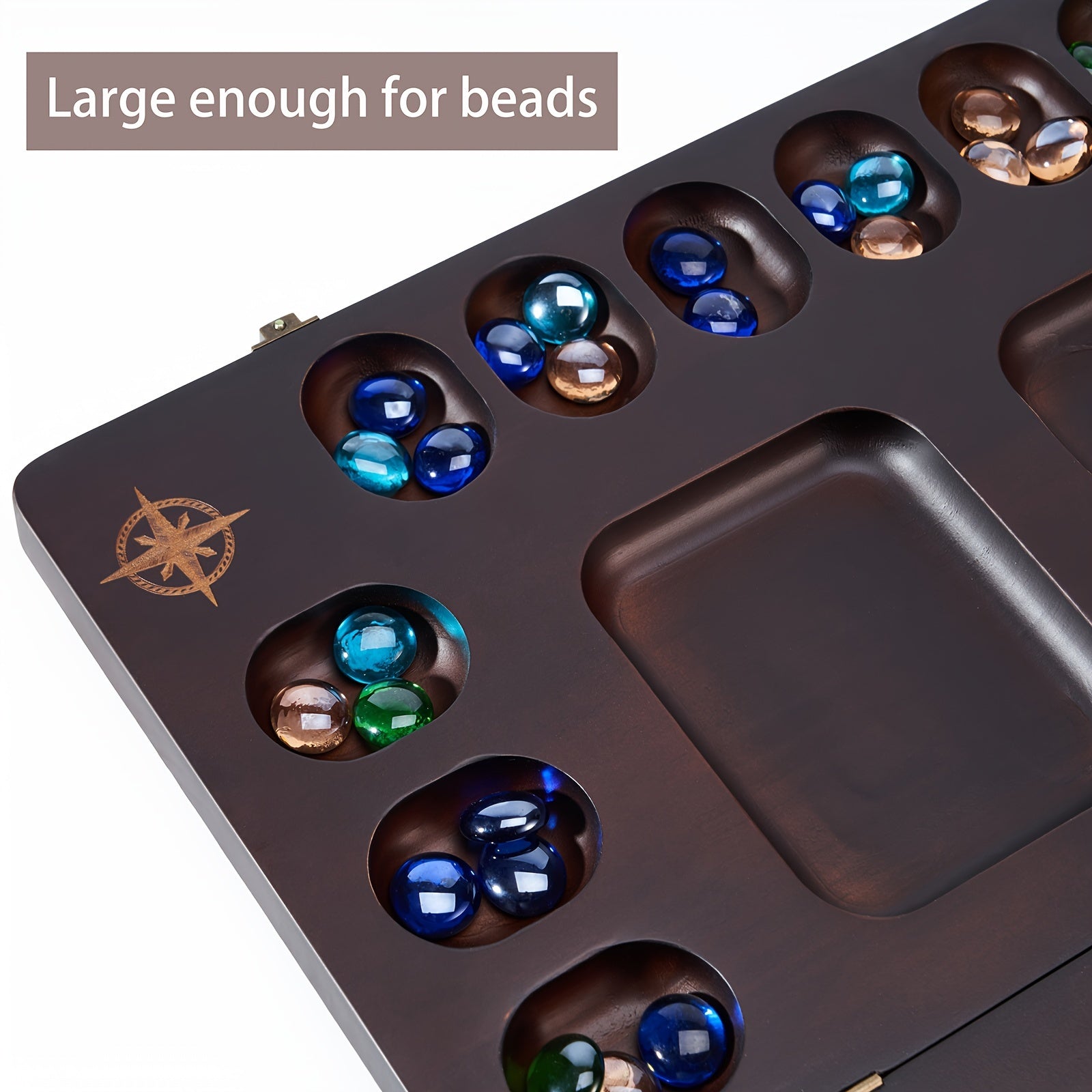 Mancala Board Game Set 4-Player Luxury Solid Wood Folding Board – 96+12 Bonus Multicolor Glass Stone Beads, Instructions Included, Classic Family Strategy Game Gift for Kids Adults Halloween Christmas