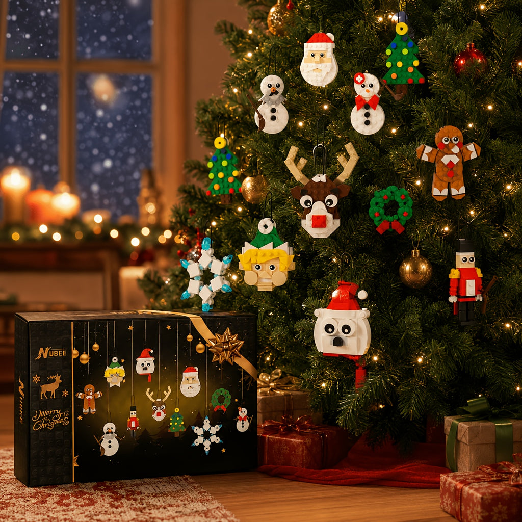 Christmas Building Blocks Ornament Set 11-in-1 382pcs - Santa Snowman Reindeer Nutcracker Tree Wreath Gingerbread Snowflake with Hanging String - Holiday Gift for Kids Adults Ages 6+