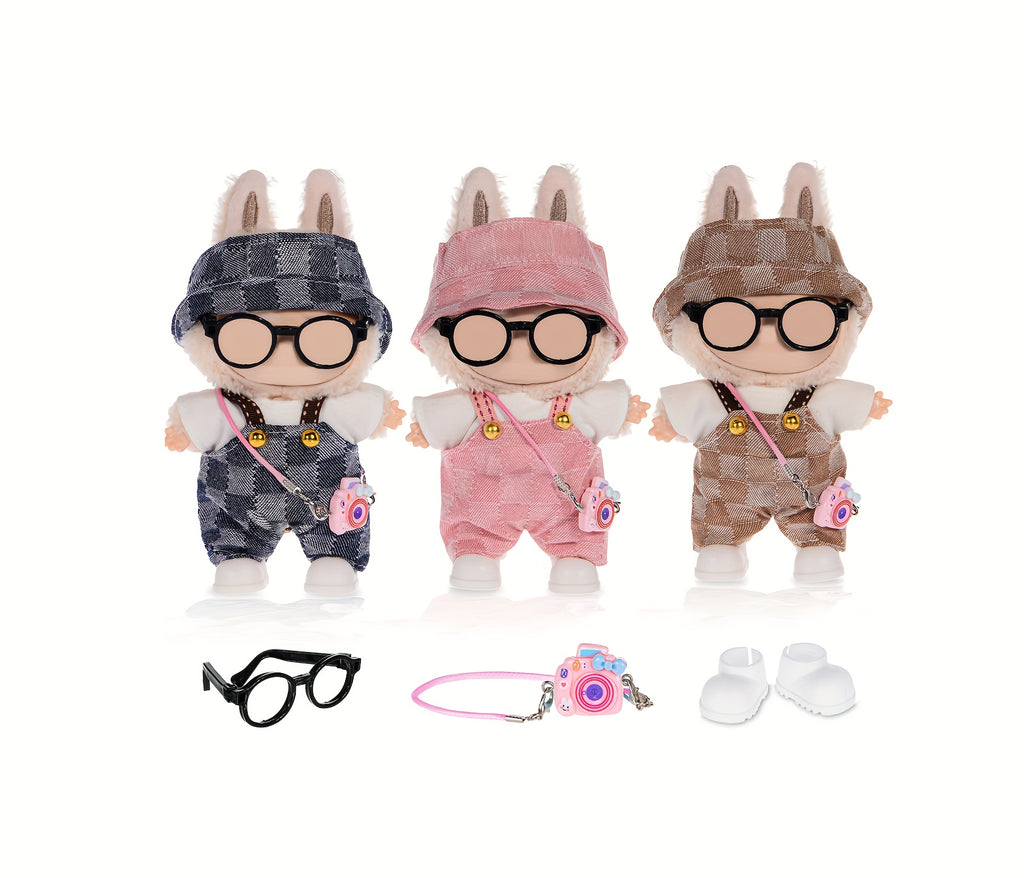 Labubu Doll Clothes 3 Outfits for 17cm Plush Dolls – Hats Shirts Pants Glasses Backpack Shoes Casual Dress-Up Accessories Kit No Doll Kids Collectors Gift