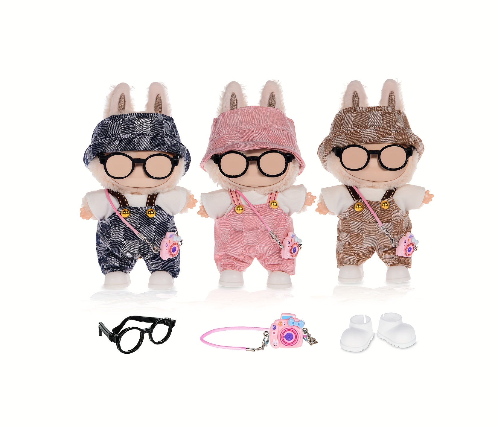 Labubu Doll Clothes 3 Outfits for 17cm Plush Dolls – Hats Shirts Pants Glasses Backpack Shoes Casual Dress-Up Accessories Kit No Doll Kids Collectors Gift