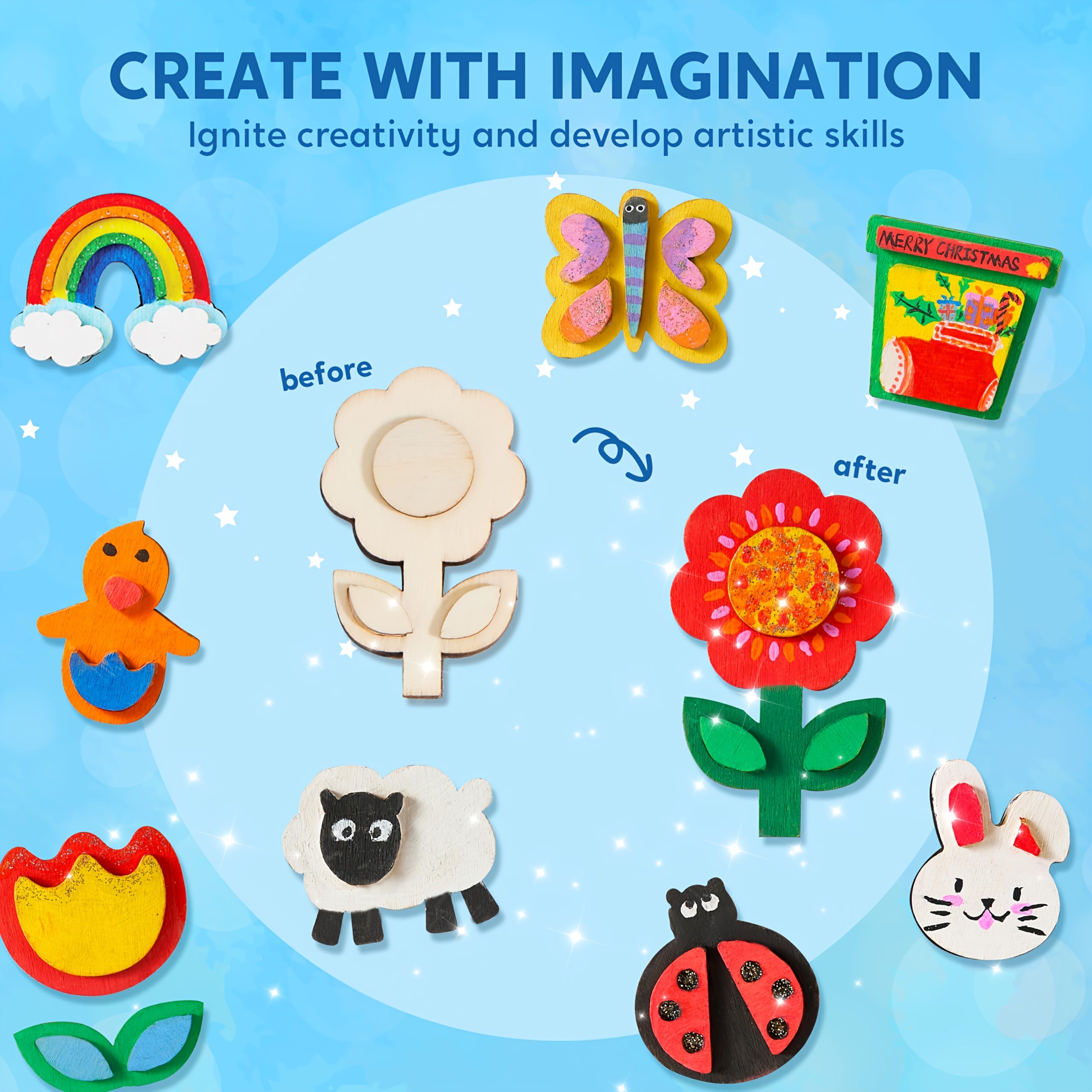 12 Wooden Magnet Painting Kit for Kids – DIY Arts & Crafts Set with Paint, Brush & Glitter Glue, Decorate Your Own Fridge Magnets, Easter Basket Stuffer, Birthday Party Favor for Boys Girls Ages 3+