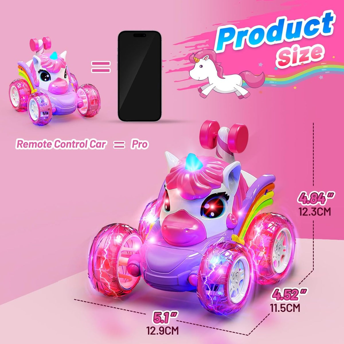 Unicorn RC Car for Girls 360 Degree Stunt Remote Control Car 4WD Rechargeable LED Lights Indoor Outdoor Toy Kids Halloween Christmas Birthday New Year Gift
