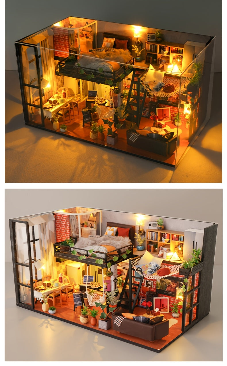 Literary Utopia DIY Dollhouse Kit 2-Story Miniature House with Dust Cover – Book Lover Cozy Reading Nook Handmade No Glue Needed Home Decor Display Gift for Teens Adults Ages 14+