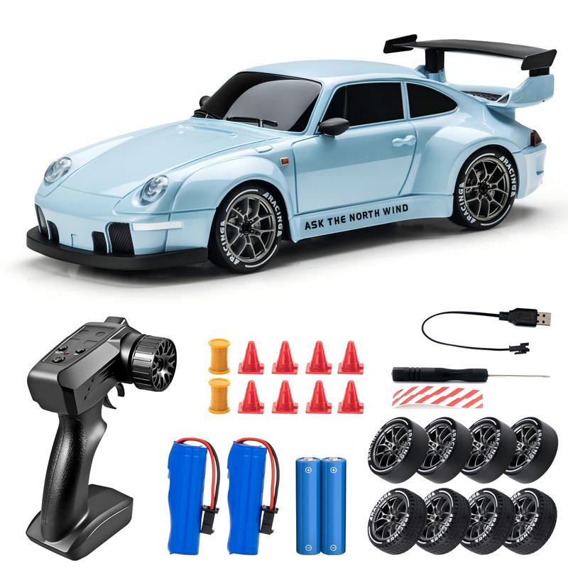 4WD RC Drift Car with Dual Rechargeable Batteries, 1:24 Scale 2.4GHz Remote Control Racer with LED Lights and Swap Tires for Kids Ages 5+