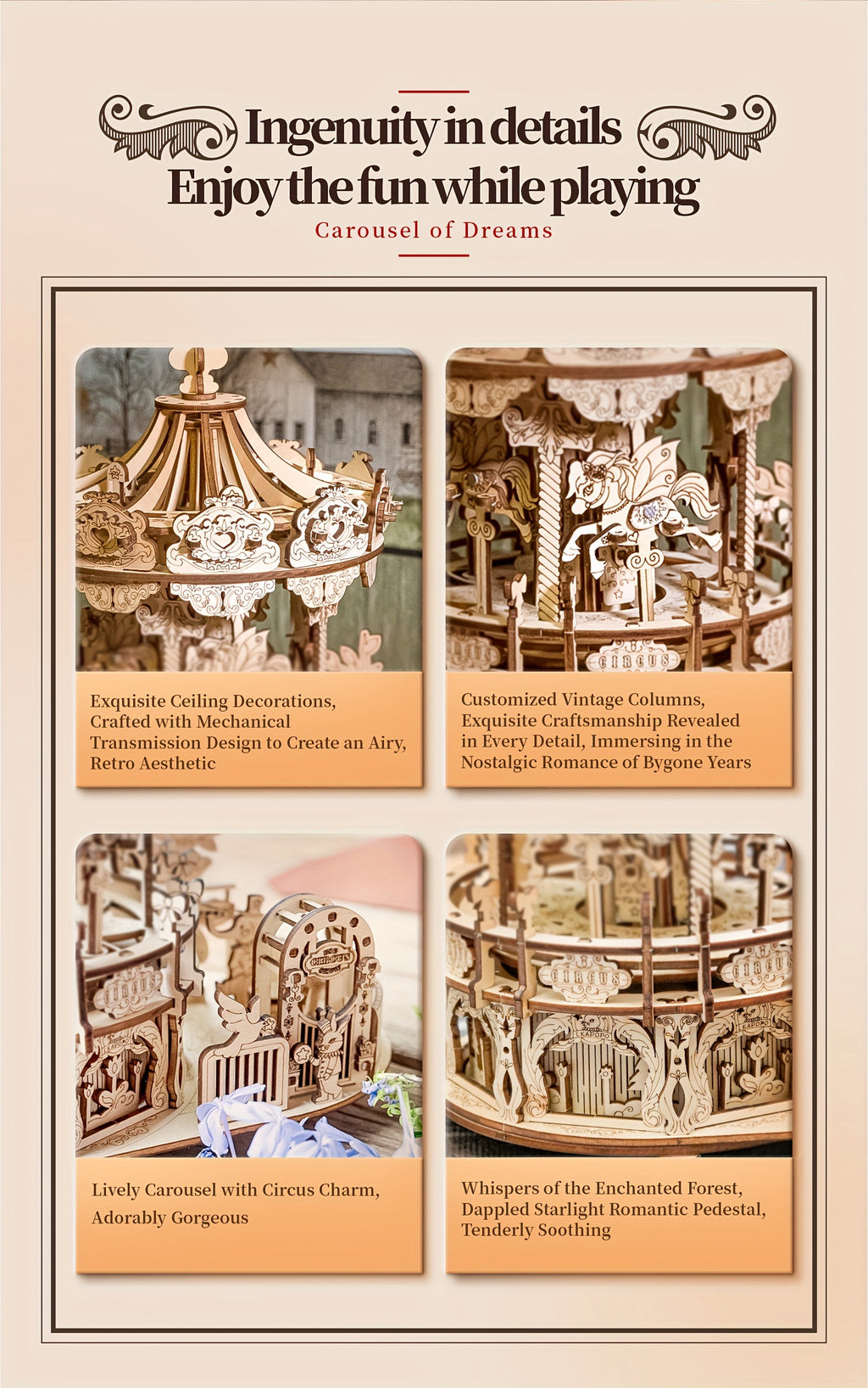 3D Wooden Puzzle Musical Carousel – Intricate DIY Model Kit Display Gift for Teens Adults Men Women Families Christmas Birthday