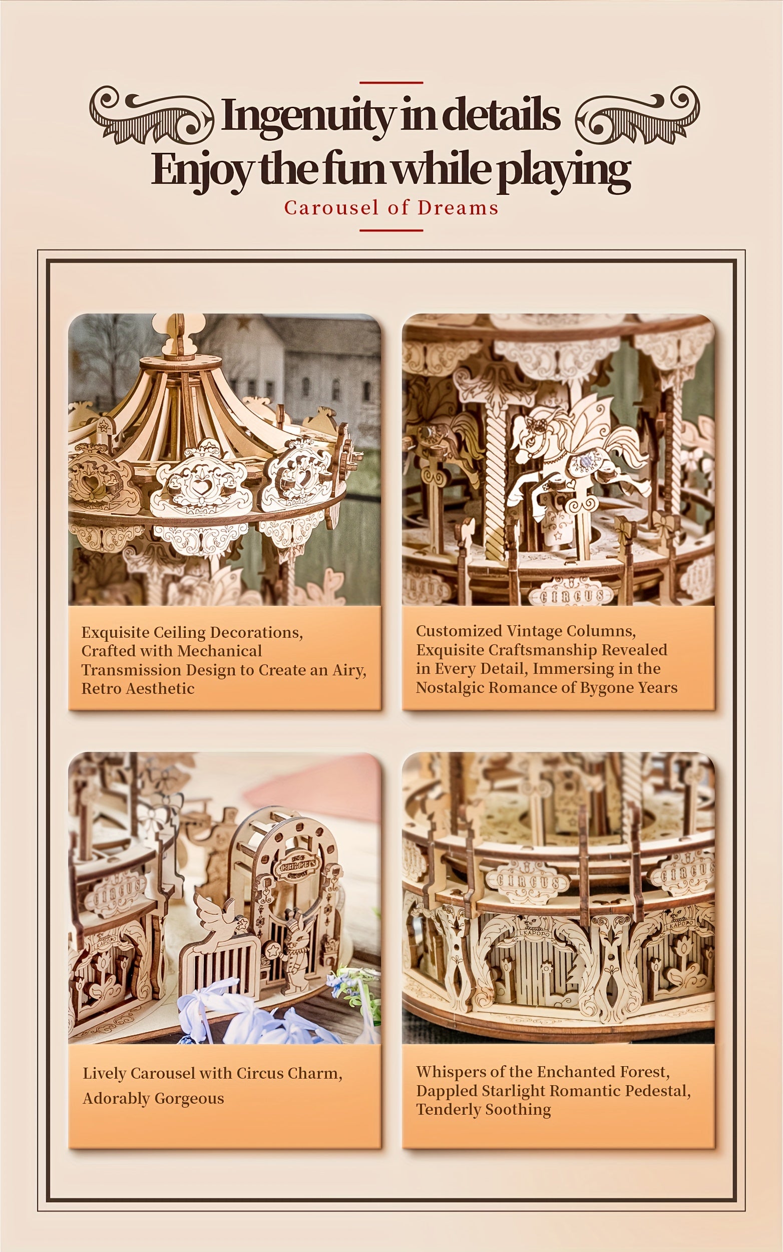 3D Wooden Puzzle Musical Carousel – Intricate DIY Model Kit Display Gift for Teens Adults Men Women Families Christmas Birthday