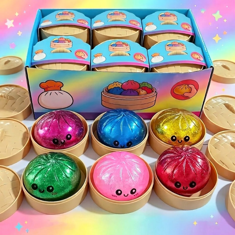 Slow Rising Steamed Bun Squishy Toy Set 10pcs – Realistic Soft Squeeze Toys with Glitter Beads – Handmade Kawaii Food Squishy – Stress Relief Gift for Kids, Teens & Adults