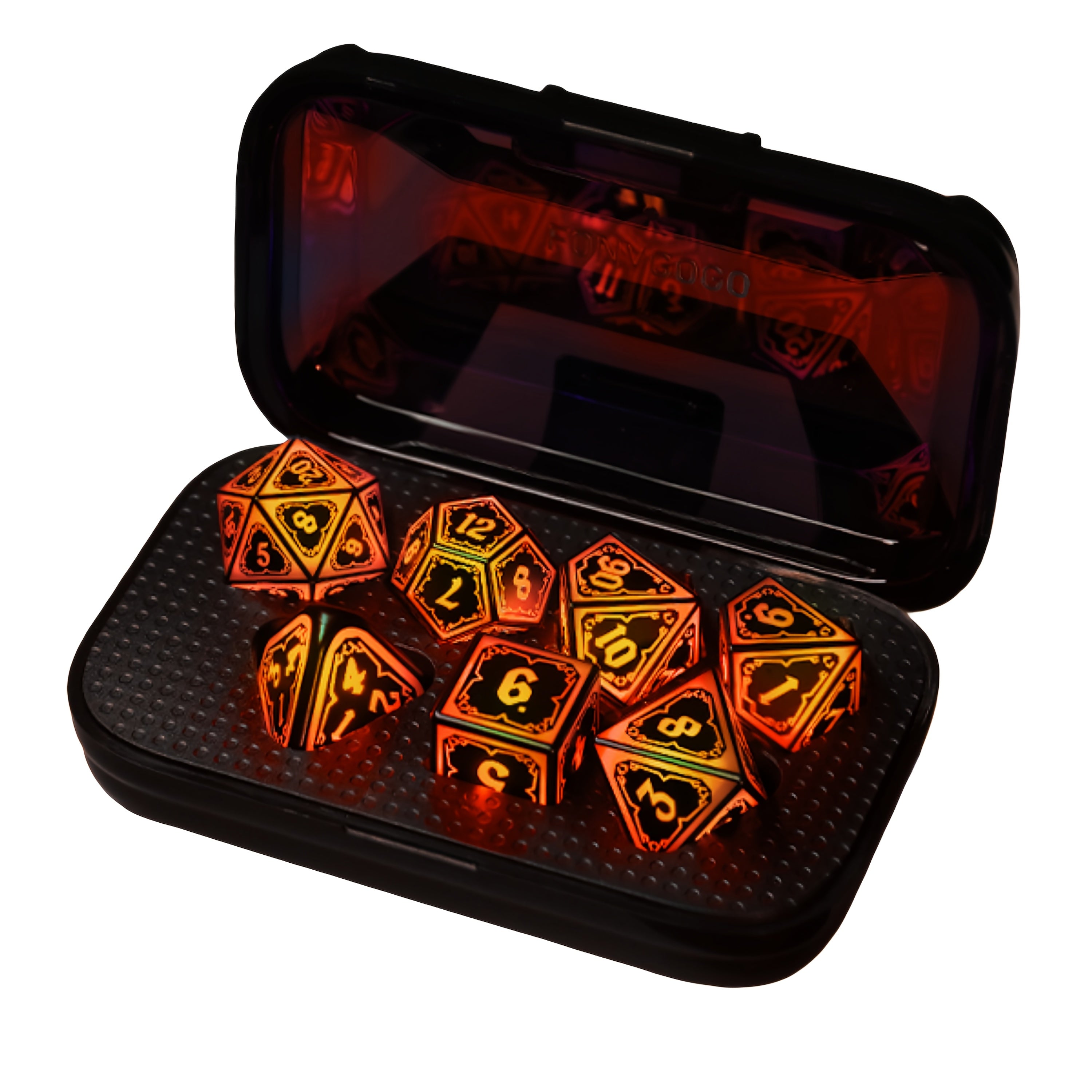 LED DND Dice Set with Wireless Rechargeable Charging Case 7 Polyhedral Glowing Dice – D4 D6 D8 D10 D12 D20 D100 for RPG Tabletop Games, Clear Numbers, 6Hr Battery, Christmas Halloween Gift