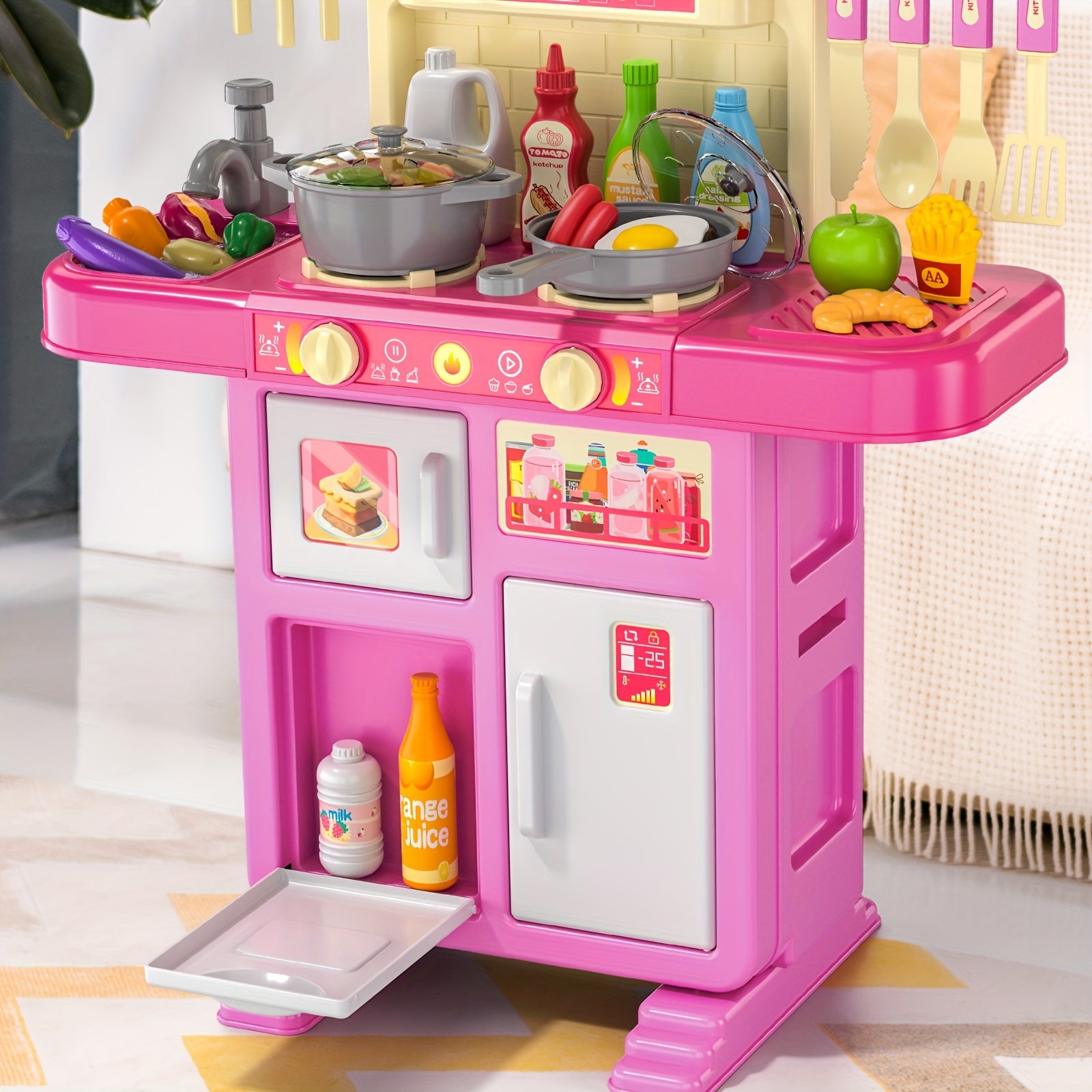 Kids Play Kitchen Playset Pretend Play Kitchen Set with Lights Sounds Toddler Cooking Toy Interactive Indoor Playset Birthday Christmas Gift Ages 3 and Up