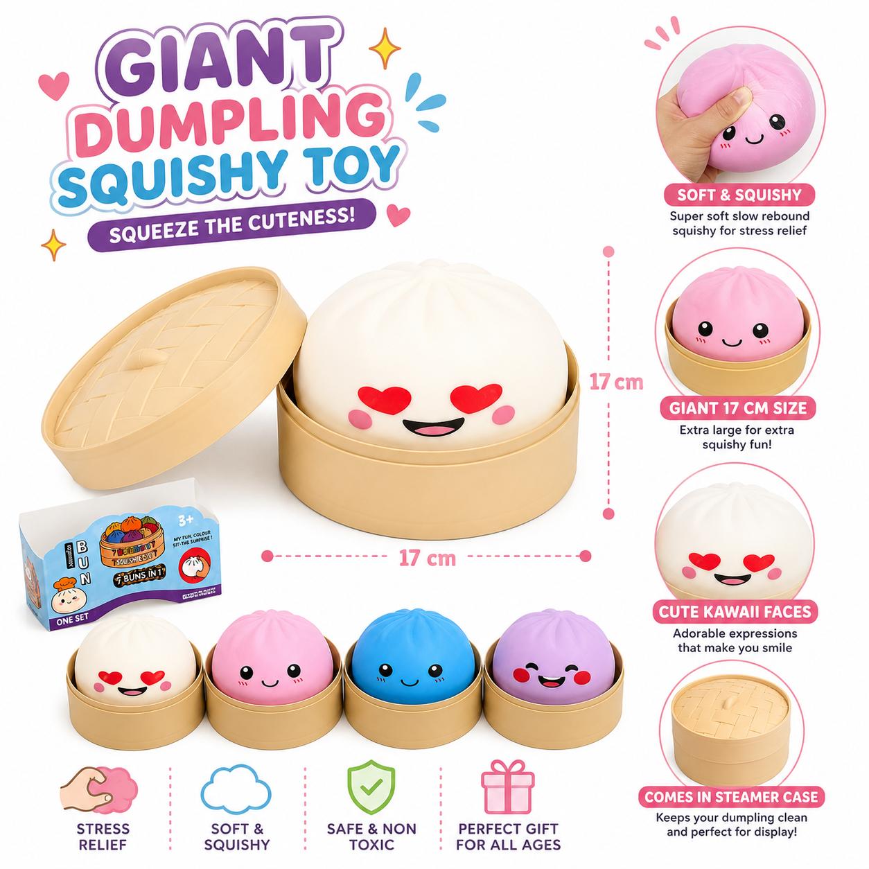Jumbo Dumpling Squishy Toy 6 Inch Giant Slow Rise Squeeze Ball – Stress Relief Anxiety Fidget Toy for Adults & Teens, Desk Sensory Toy, Birthday Gift Random Color