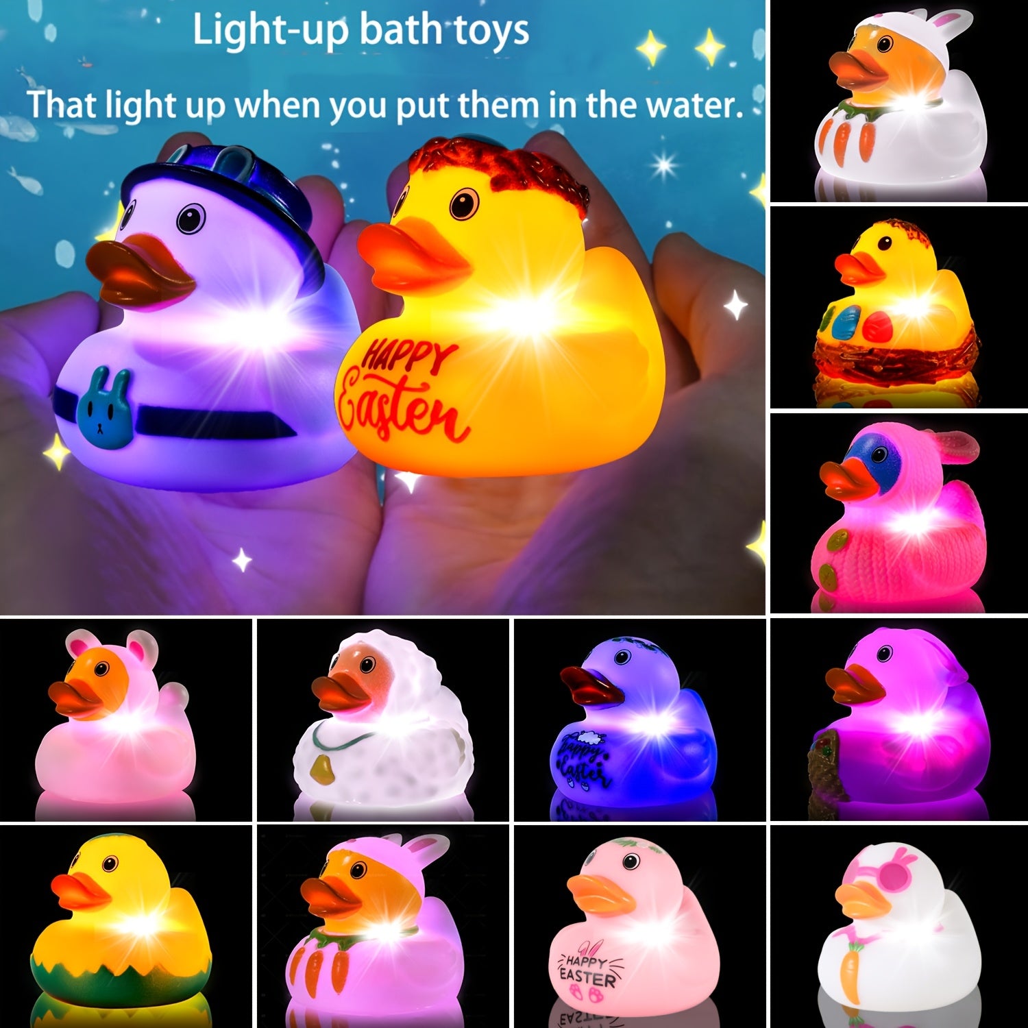 No Hole Duck Bath Toys Light Up - Colorful LED Glowing Rubber Ducks for Bathtub Pool, Mold-Free Water Toys, Easter Birthday Gift for Baby Toddler Boys Girls, Random Colors