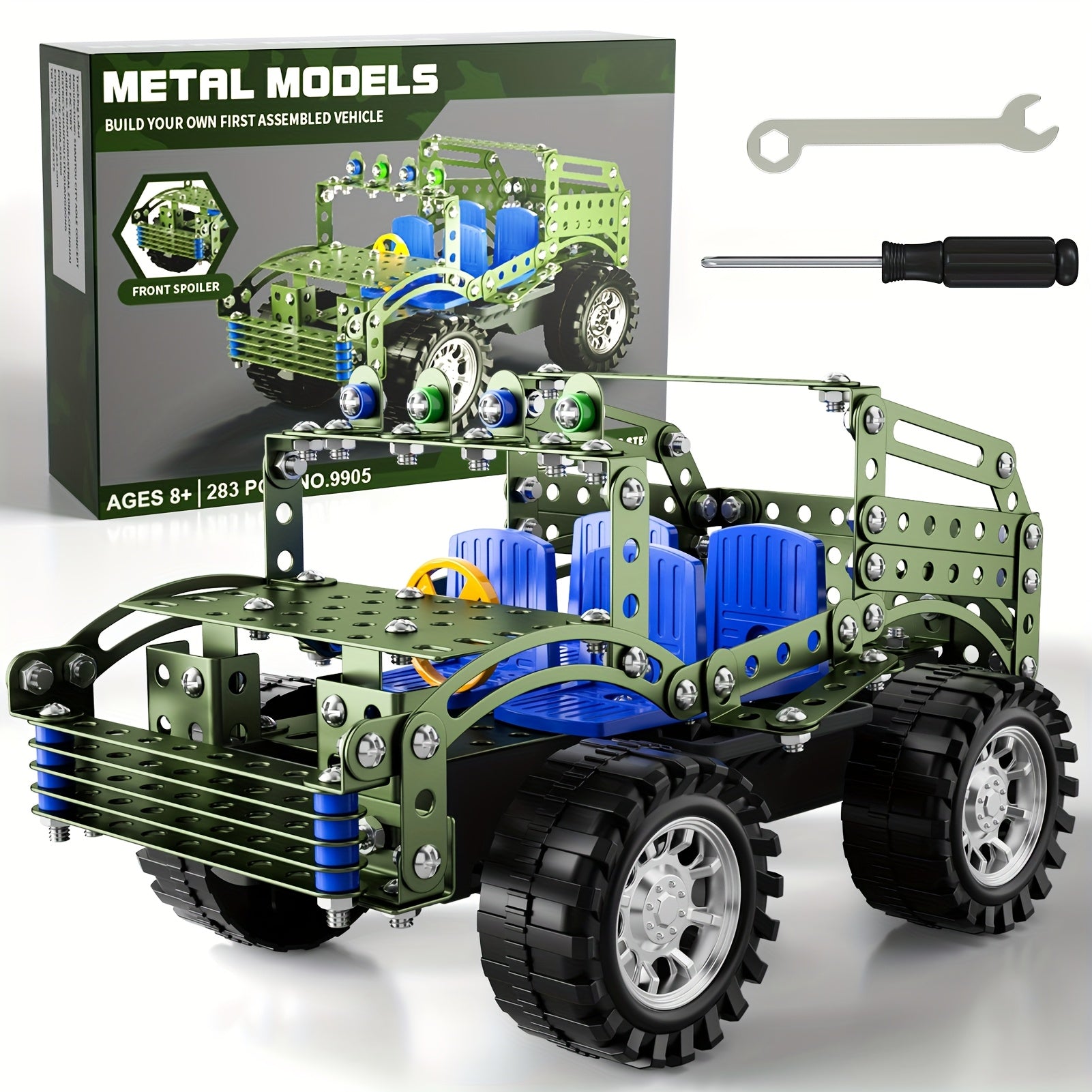 STEM Building Kit Model Car Set 287 Piece Motorized Vehicle for Kids – Assembly Toy with All-Terrain Tires & Openable Hood, Blue Airplane Red Car Green Truck, Birthday Christmas Gift Boys Ages 6+