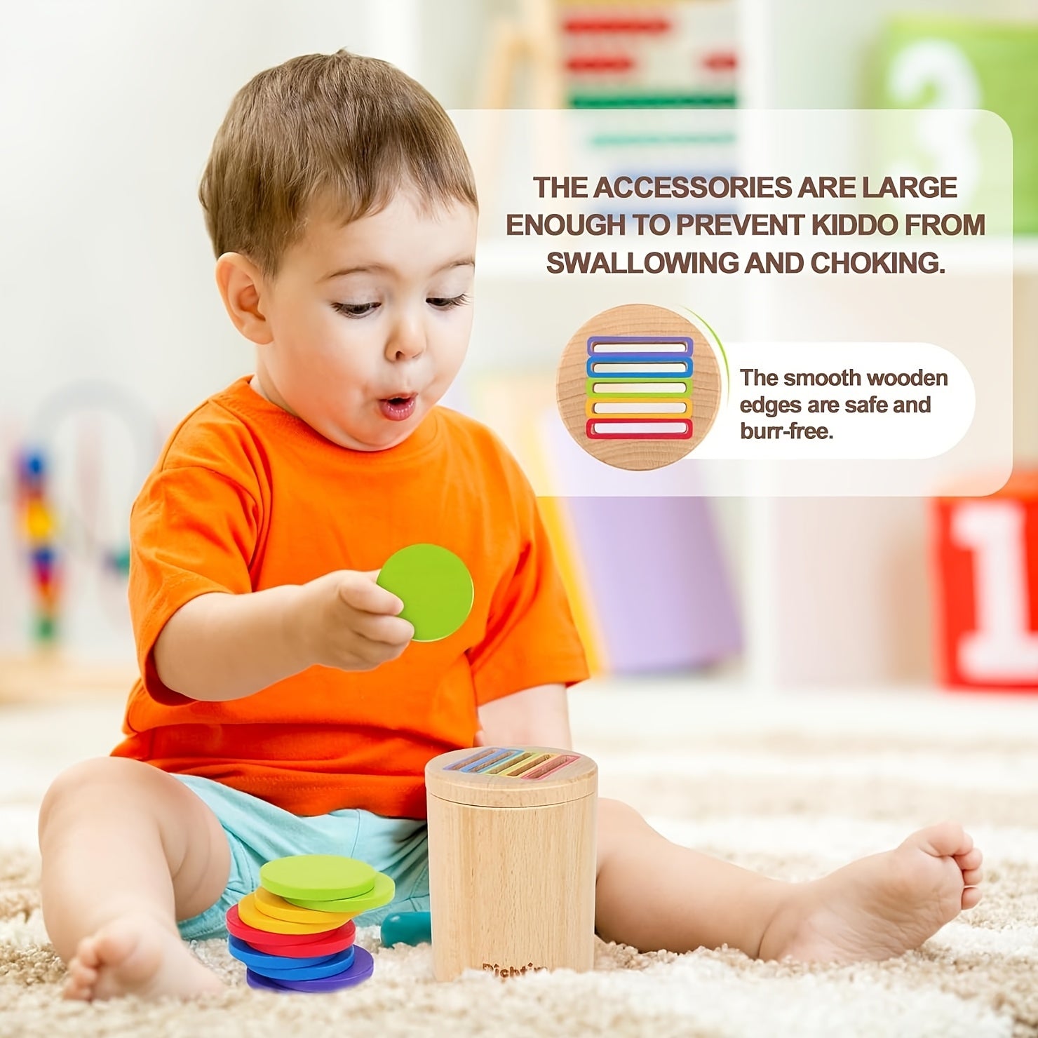 Wooden Color Sorting Toy for Toddlers 1-3 – Montessori Coin Box with 10 Colored Blocks & Drawstring Bag, Fine Motor Skills Educational Toy for Boys and Girls