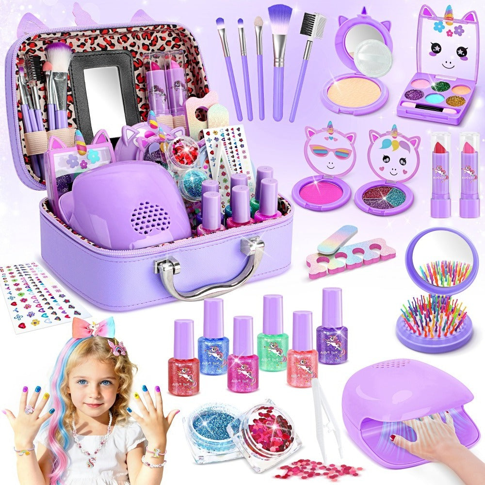 Kids Washable Makeup & Nail Art Set 2-in-1 Princess Toy for Girls Ages 3+ – Complete Cosmetic Kit with Nail Polish Eyeshadow Lipstick Wig Jewelry Birthday Valentine Christmas Gift