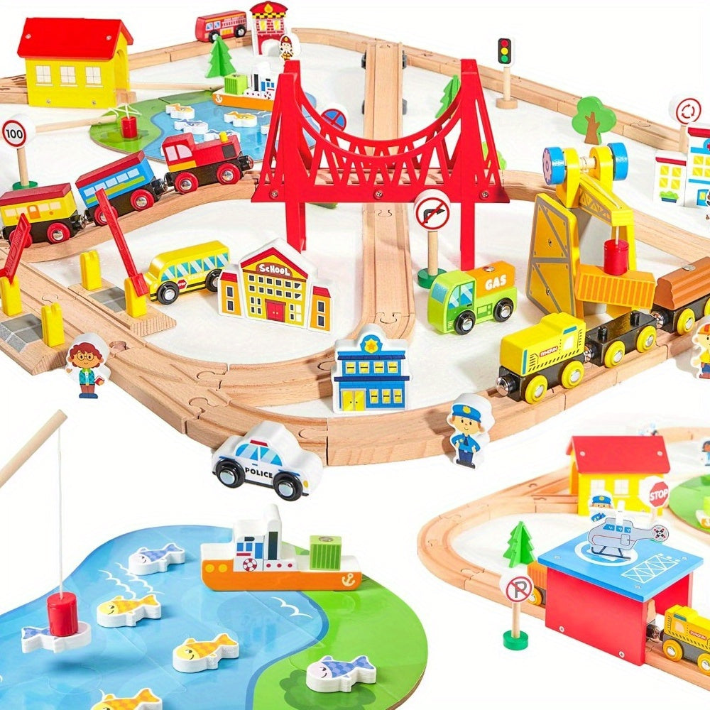 110pcs Wooden Train Set City Scene Railway – 6 Magnetic Trains, 7 City Themes, Helicopter, Ship & Vehicles, Compatible with All Brands, Birthday Christmas Gift for Kids