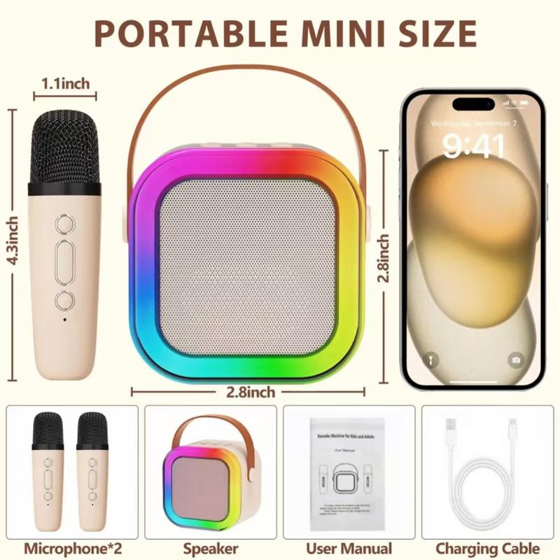 Portable Karaoke Machine with 2 Wireless Microphones, Bluetooth LED Speaker with 5 Voice Effects and USB-C Charging for Kids and Family Parties