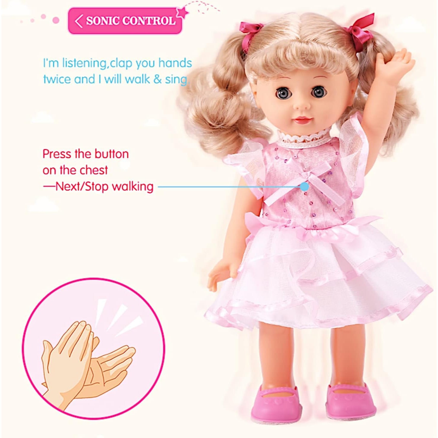 Walking Talking Singing Baby Doll 12 Inch Interactive Sonic Control Princess Doll Blonde Blinking Eyes Cuddly Vinyl Girl Doll for Kids Ages 3-7 Birthday Christmas Gift