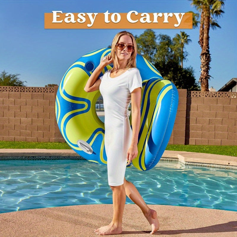 Inflatable Pool Float Lounger for Adults – Floating Chair Sofa with Big Backrest Mesh Bottom Cup Holder Handle – Blow Up River Lake Raft for Pool Party (Blue Yellow)