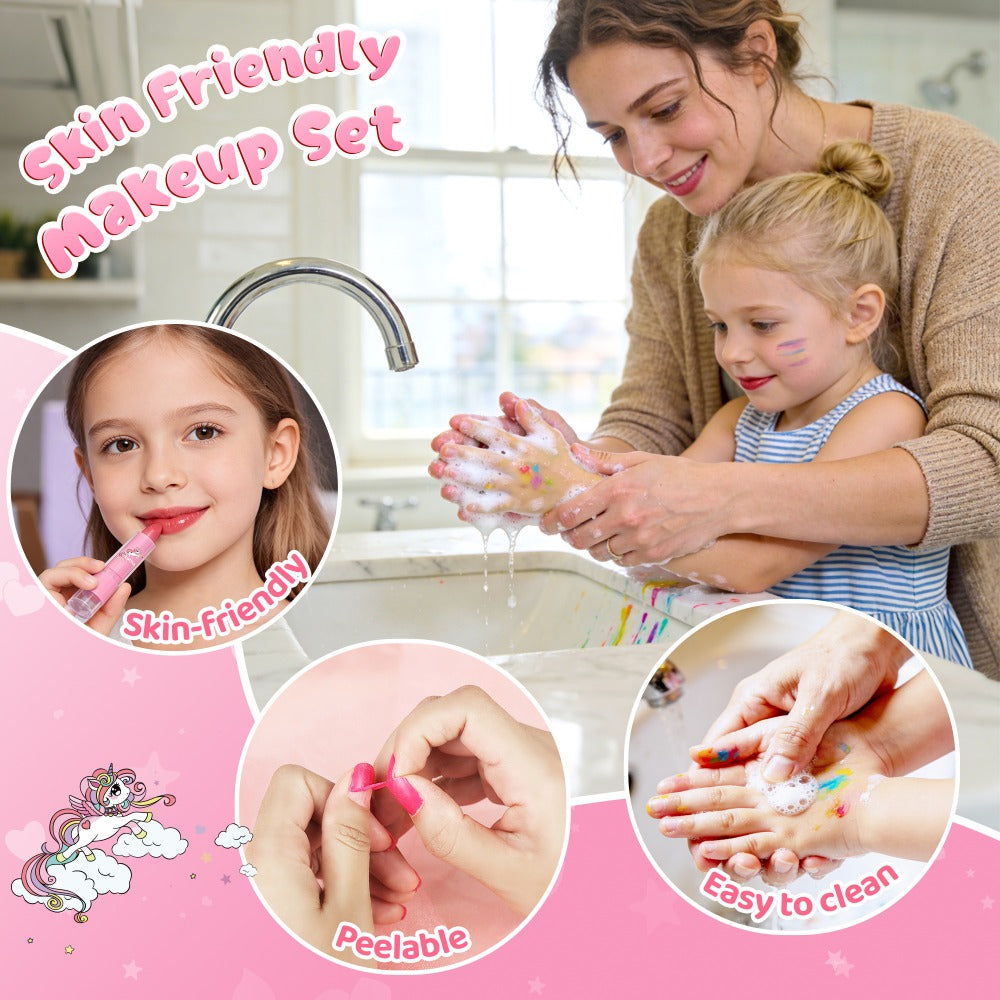Kids Washable Makeup & Nail Art Set 2-in-1 Princess Toy for Girls Ages 3+ – Complete Cosmetic Kit with Nail Polish Eyeshadow Lipstick Wig Jewelry Birthday Valentine Christmas Gift