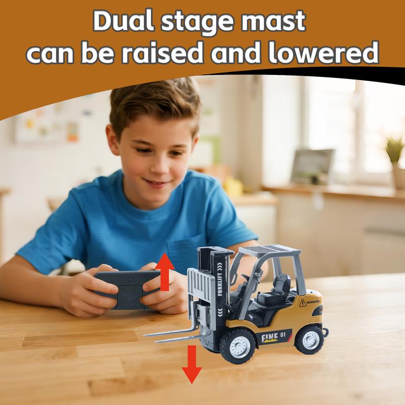 Mini RC Forklift Toy with 2-in-1 Lift Fork & Hook, Rechargeable Battery, Lights and Sound, Construction Vehicle Options for Ages 12+