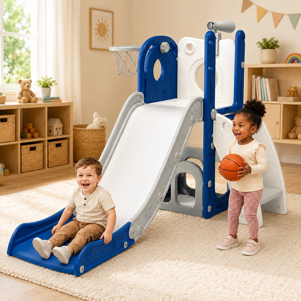 Toddler Slide and Climber Playset Indoor Outdoor for Boys Girls Ages 1.5-6 - L-Shaped Playground with Basketball Hoop Storage Telescope, Easy Assembly Kids Slide Set, Birthday Christmas Gift