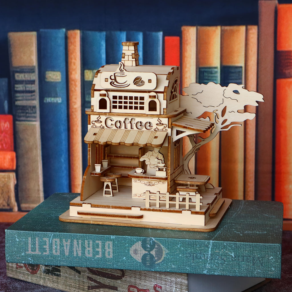 Coffee Shop 3D Wooden Puzzle Kit Miniature House Model with Artisan Coffee Machines DIY Build Creative Birthday Halloween Gift for Adults Teens