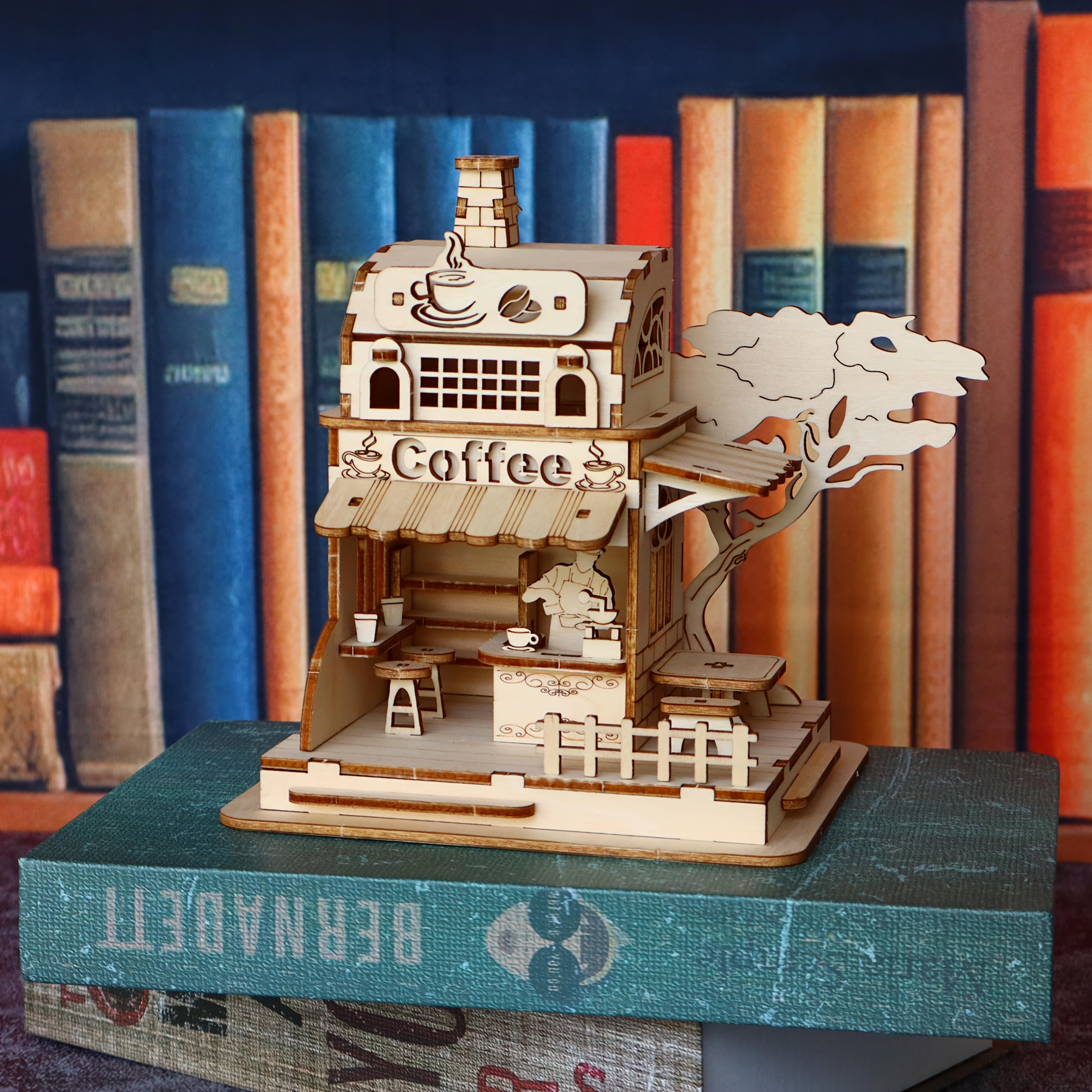 Coffee Shop 3D Wooden Puzzle Kit Miniature House Model with Artisan Coffee Machines DIY Build Creative Birthday Halloween Gift for Adults Teens