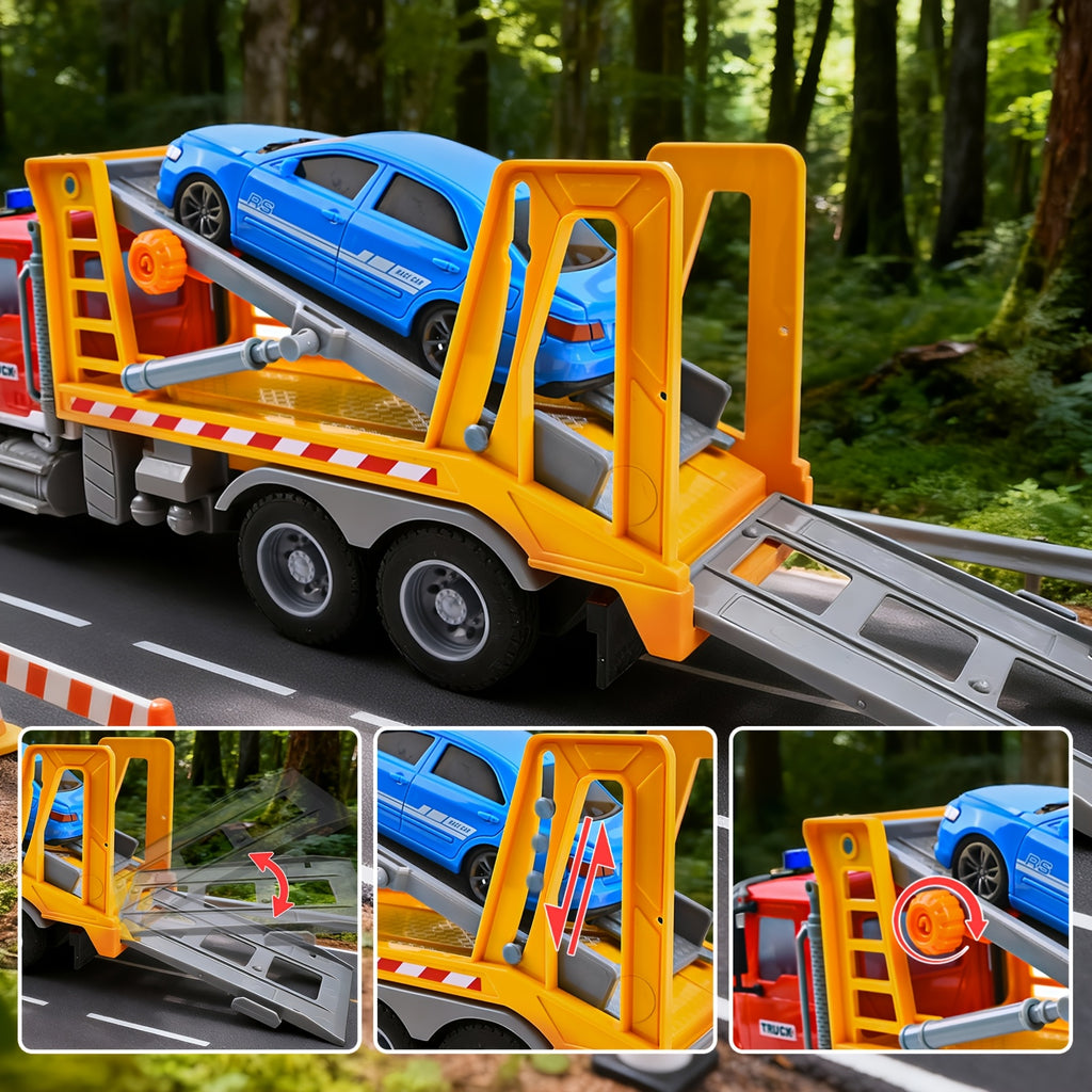 13-Inch Tow Truck Toy for Kids with Lights & Sounds – Friction Powered Transport Crane Truck with Movable Arm & Roadster, Birthday Gift for Boys Ages 3 4 5 6