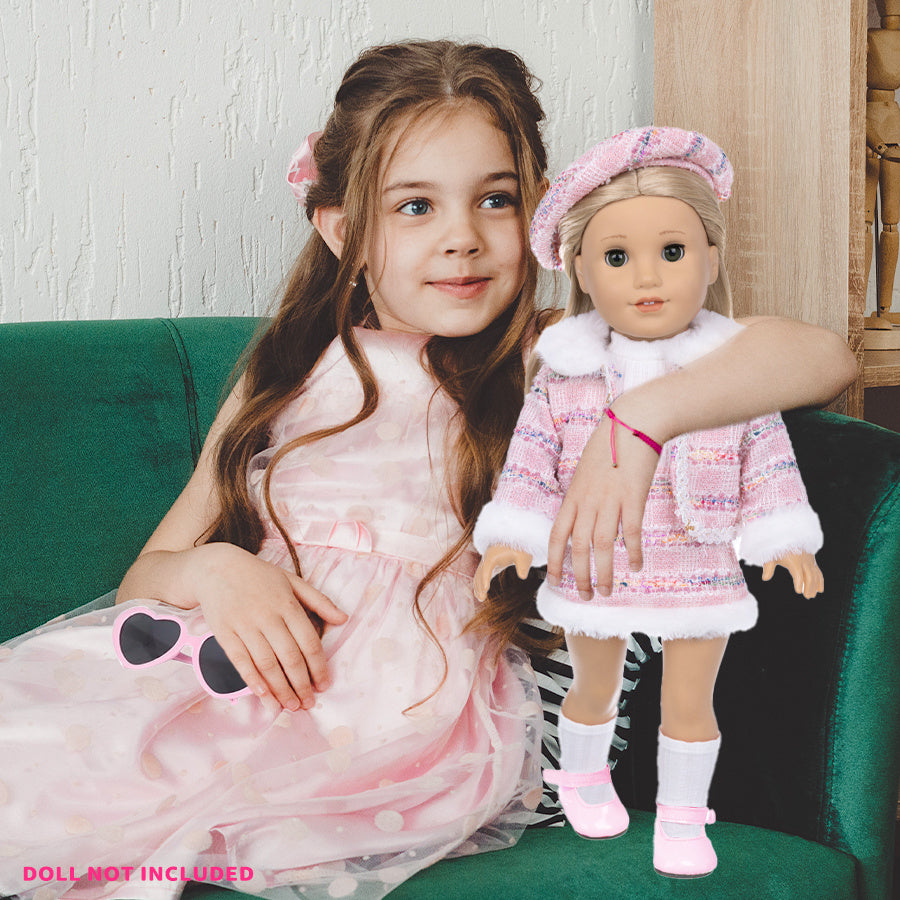 18 Inch Doll Knitted Clothes Outfit Set – Hat, Jacket, Skirt, Lipstick, Shoes, Socks & Sunglasses for 16-18 Inch Baby & Reborn Dolls, Pink & Purple, Complete 7-Piece Fashion Gift for Girls Ages 3+