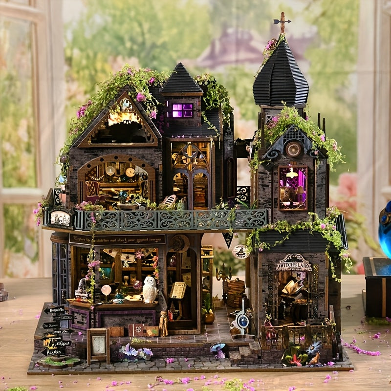 3D Wooden Puzzle Magic Castle Model Kit with LED Light – Adult Puzzle Assembly Decoration Owl Flowers Bookshelf Gift for Teens Adults