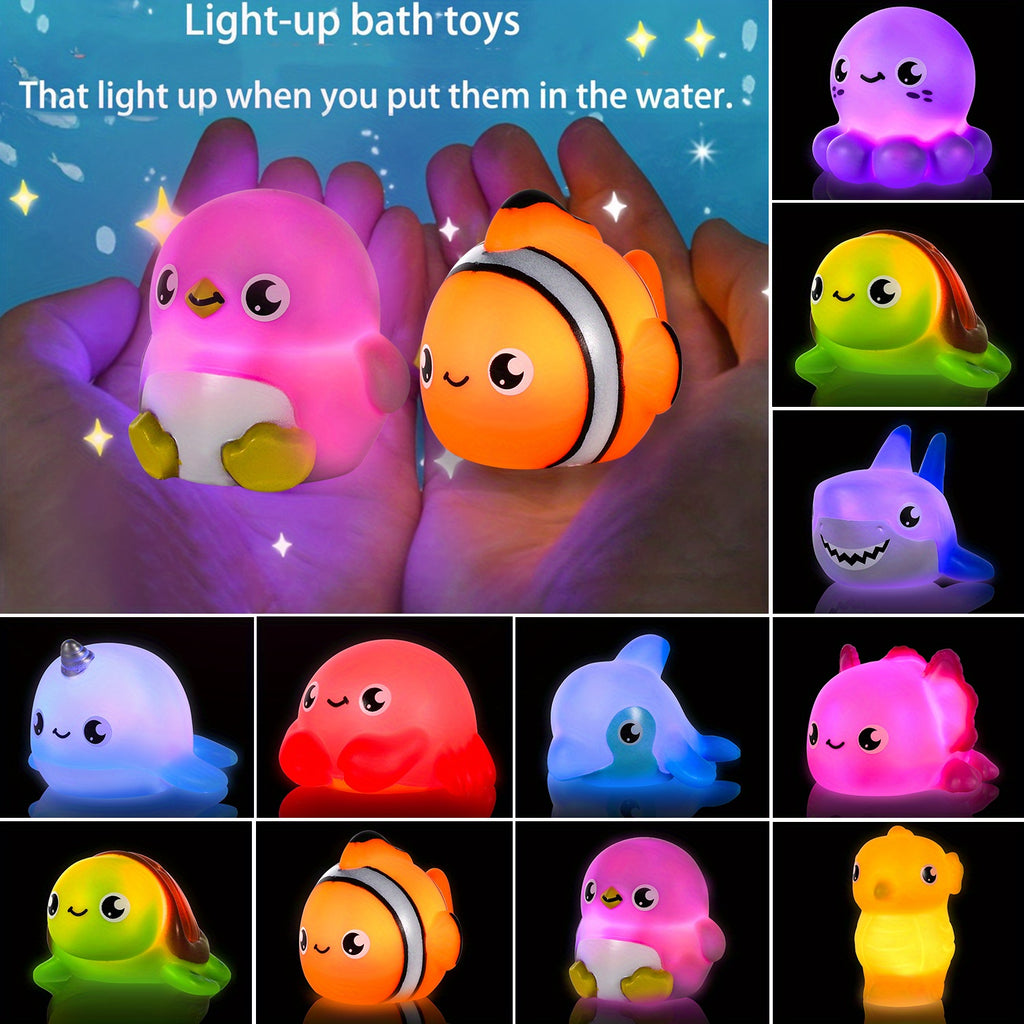 Light Up Bath Toys Sea Animals for Baby Toddlers - Glow in Water Bathtub Pool Toy Set 2 6 8 10 Pcs, Colorful Ocean Animal Water Toys, Birthday Gift for Boys Girls