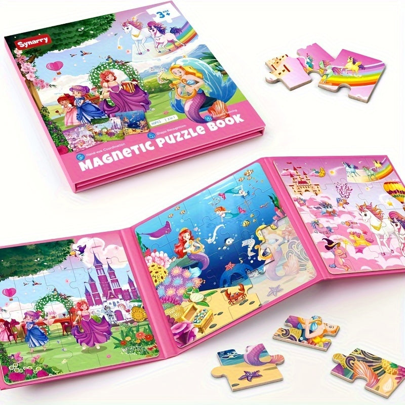 Magnetic Puzzle Book for Girls Ages 3 4 5 6 Unicorn Mermaid Princess 20pcs Travel Toy Toddler Busy Book Car Airplane Road Trip - Birthday Gift