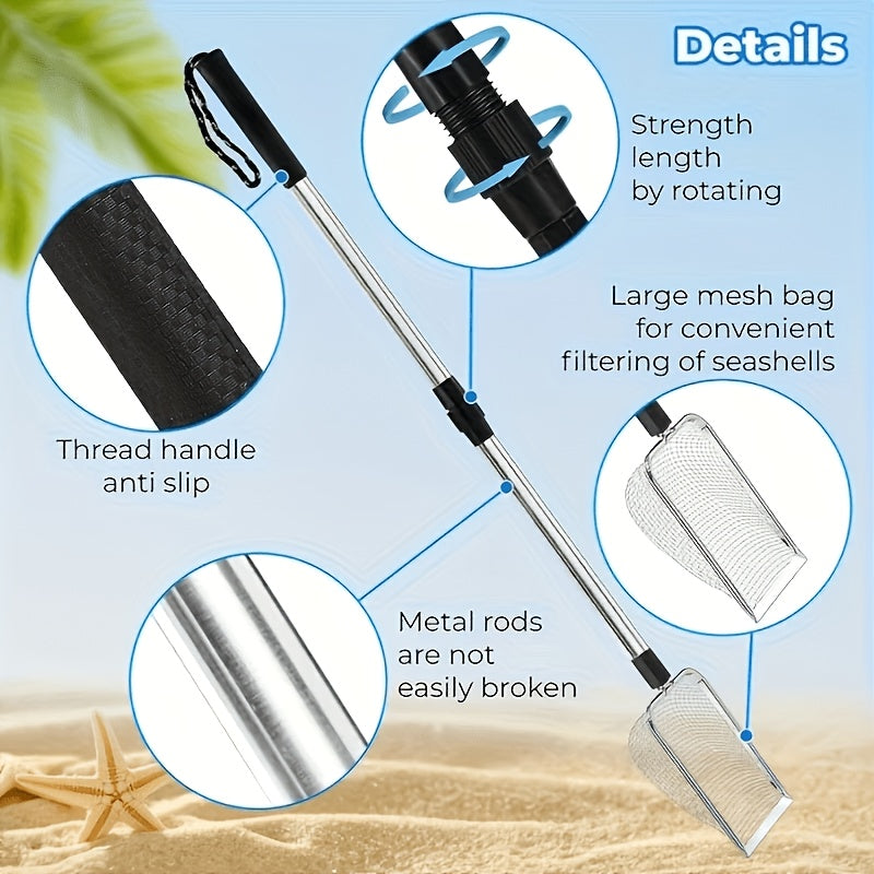 Stainless Steel Retractable Beach Sand Sifter – Portable Sand Sieve for Treasure Hunting, Shell & Conch Collecting, Beach Toy for Kids and Adults, Also Works as Cat Litter Scoop