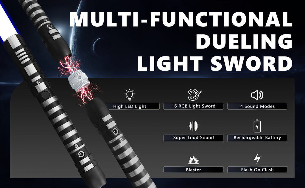 78 Inch Dueling Saber 2-in-1 Light Up Sword 16 Color Lights 3 Movie Sound Effects Mute Double Player Halloween Cosplay Birthday Party Gift
