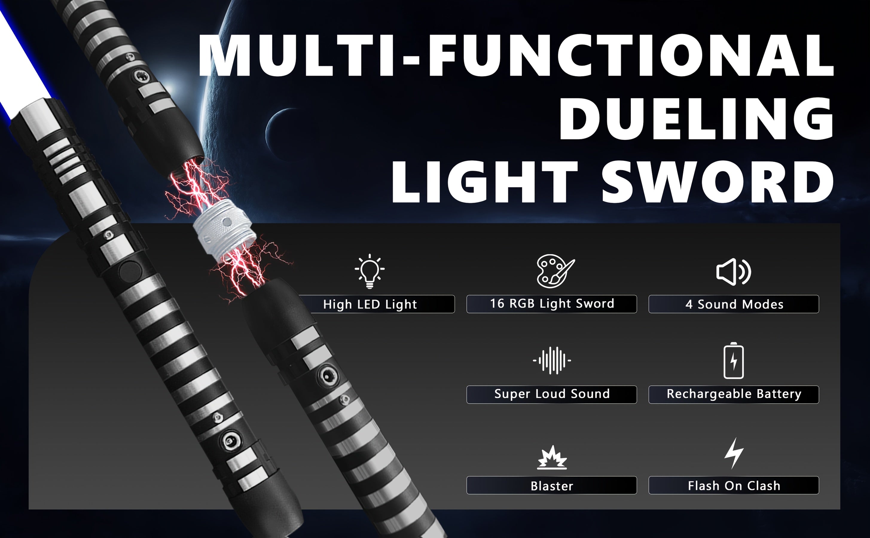 78 Inch Dueling Saber 2-in-1 Light Up Sword 16 Color Lights 3 Movie Sound Effects Mute Double Player Halloween Cosplay Birthday Party Gift