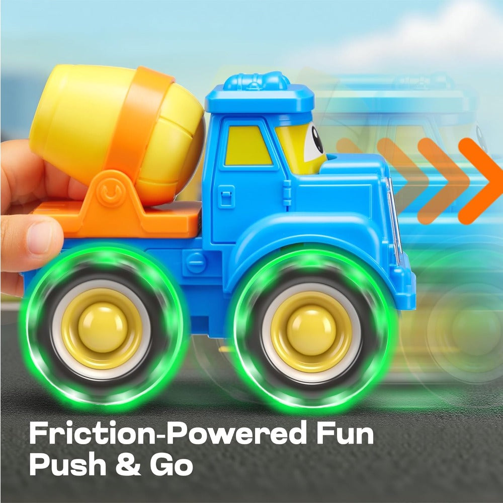 Monster Truck Toys for Toddlers 3 Pack with LED Light Up Wheels – Friction Powered Construction Cars Bulldozer Dump Truck Concrete Mixer
