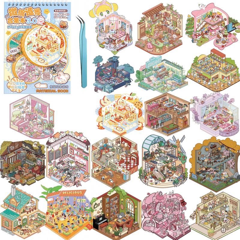 Miniature House Sticker Book with 20 DIY 3D Scenes and Tweezers, Paper Craft Activity for Adults, Teens and Family Creative Time